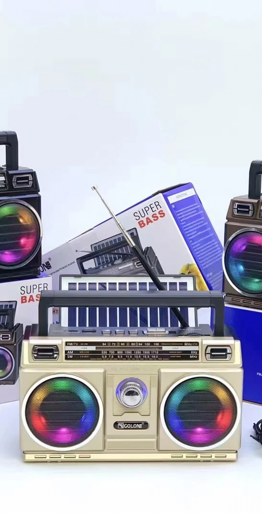 Radio Vintage Boombox Portátil Solar Con Luces Led Bluetooth