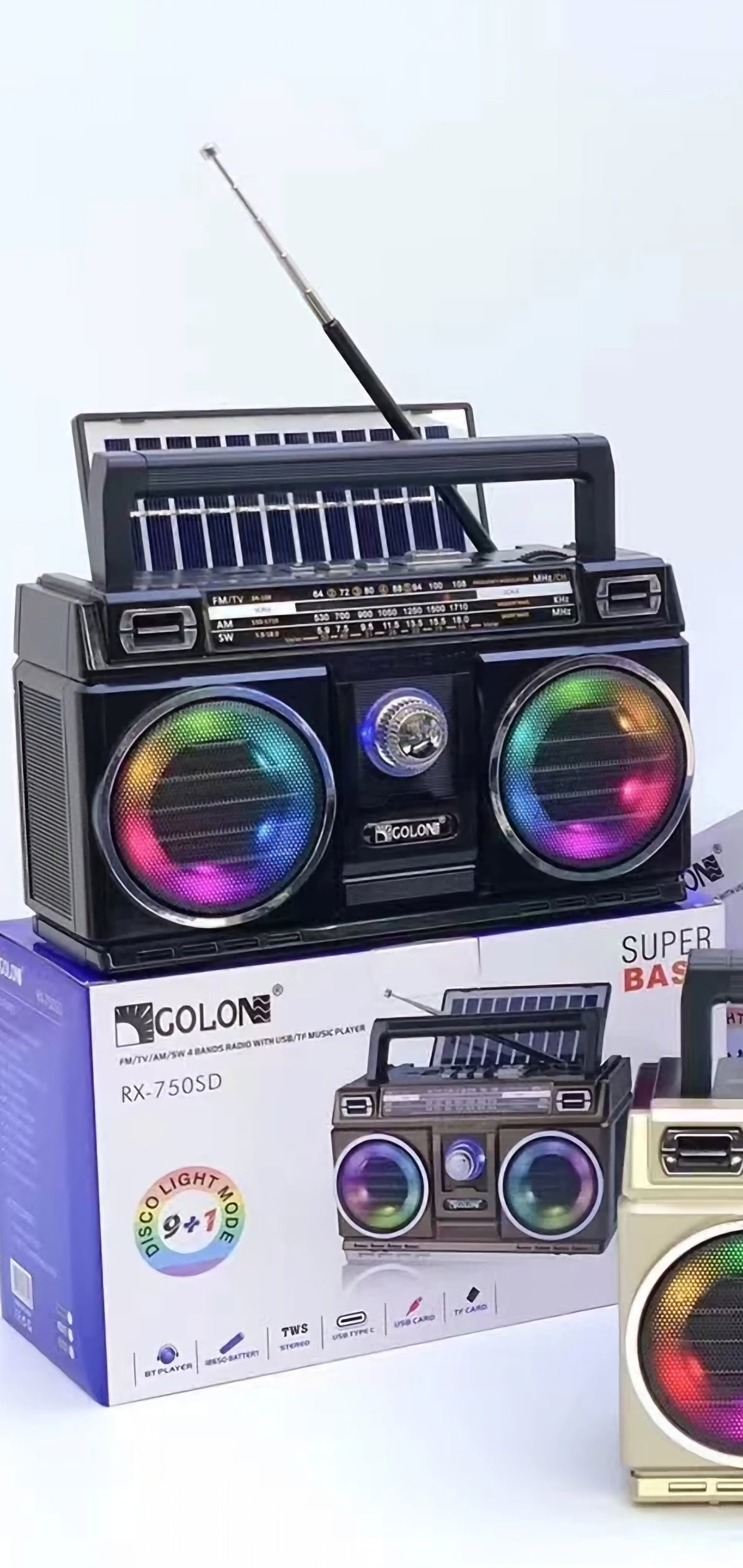 Radio Vintage Boombox Portátil Solar Con Luces Led Bluetooth